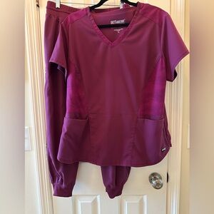 Grey’s Anatomy Burgundy wine Scrub Top / Joggers Sz XL / XL petite stretch